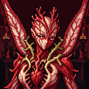 Pixel art illustration of a demonic, winged creature with red and white flesh, antler-like protrusions on its head, and a menacing expression against a dark background.