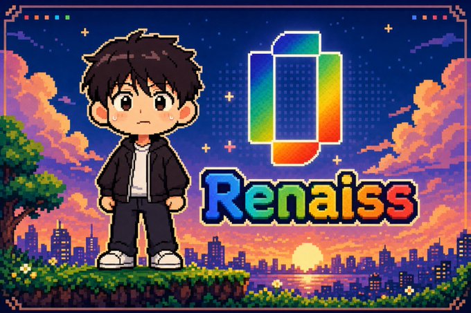 A pixel art graphic featuring a cartoon boy with brown hair next to a rainbow-colored 3D logo reading 'Renaiss', set against a sunset cityscape.