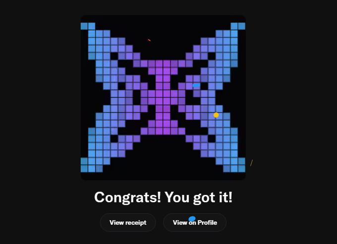 The image displays a pixelated purple and blue butterfly design with confetti accents, accompanied by the text "Congrats! You got it!" along with "View receipt" and "View on Profile" buttons. It appears to be a reward or achievement notification, likely unrelated to the Quipnetwork Node Manager update announcement described in the post.