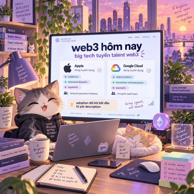 An illustrated web3-themed workspace scene featuring cute cats working on laptops, showing a news headline 'web3 hôm nay' about Apple and Google Cloud hiring web3 talent.