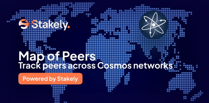 Promotional banner for Stakely's "Map of Peers" tool, featuring the text "Track peers across Cosmos networks" and "Powered by Stakely" over a dotted world map background with a Cosmos atom logo.