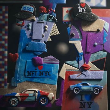 A colorful mixed-media artwork featuring abstract, blocky figures wearing 'XOXO' and 'I ❤ NY' hats, with toy cars and 'NFT NYC' and 'I ❤ NY' text visible.