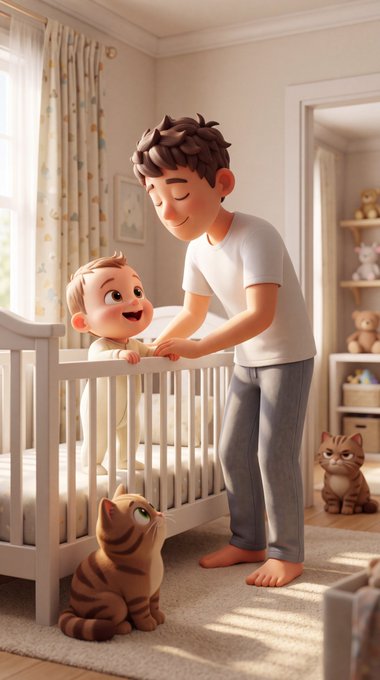 A 3D animated-style illustration of a smiling man with a baby in a white crib in a nursery, accompanied by two orange tabby cats.