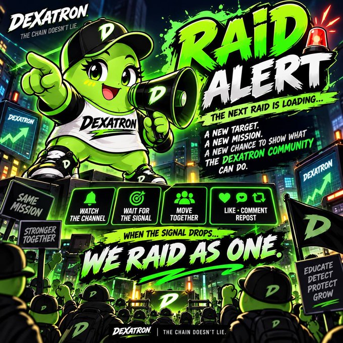 A vibrant green and black promotional graphic titled 'DEXATRON RAID ALERT,' featuring a cartoon green character with a megaphone and instructions to 'WATCH THE SIGNAL,' 'MOVE TOGETHER,' and 'WE RAID AS ONE.'