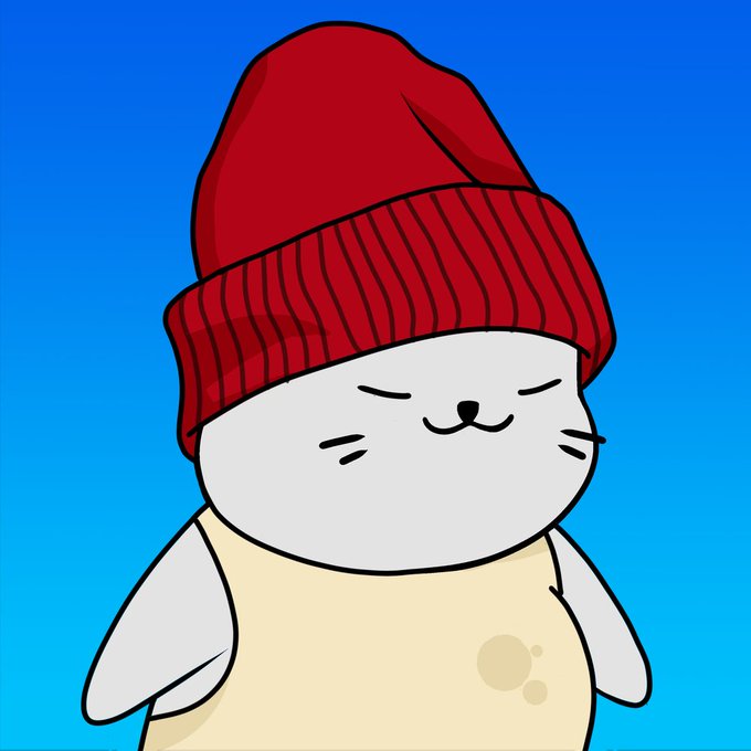 A cartoon illustration of a round, white cat-like character wearing a red beanie and a yellow shirt, smiling with closed eyes against a blue background.