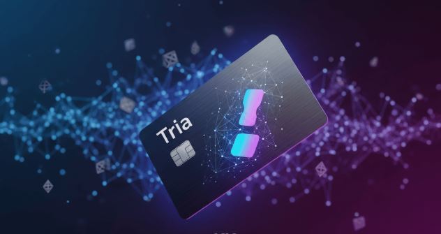 The image features a credit card with a purple and blue design, which has the word "Tria" written on it. The credit card is floating in space surrounded by lines and dots, giving an impression that it's being used for transactions or purchases. The main focus of the image is the credit card itself, rather than any other elements present in the scene.