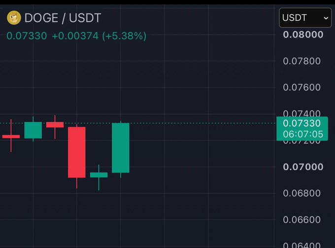 A DOGE/USDT candlestick chart shows the current price at 0.07330, up 5.38% (+0.00374) — illustrating that despite the call for a pump to $0.42, Dogecoin is still trading well below that target at just over 7 cents.