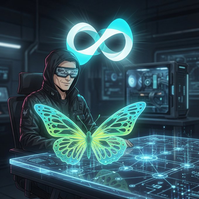 A hooded figure wearing "WOW" shutter shades sits at a glowing holographic console displaying a luminous butterfly, with an infinity symbol hovering overhead — visually evoking the seamless, looped nature of the testnet workflow described. The futuristic tech setup reflects the early-stage exploration of Quip Network's hardware-flexible job system in action.