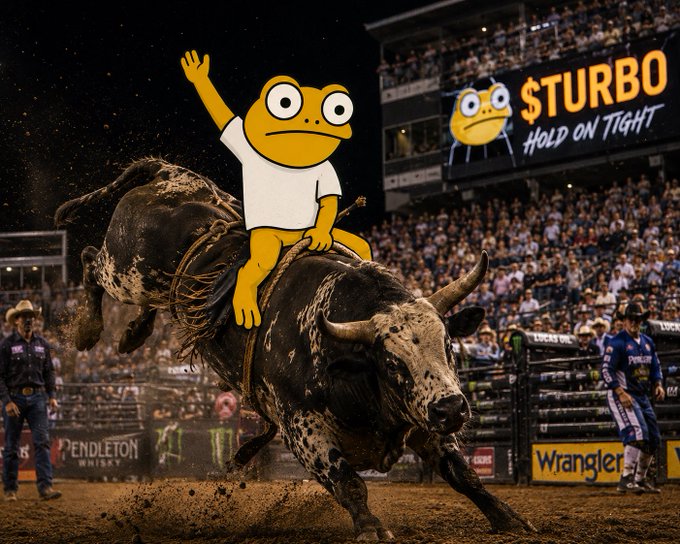 A meme image featuring a cartoon frog wearing a white shirt riding a bucking bull in a rodeo arena, with a stadium display reading '$TURBO HOLD ON TIGHT' in the background.