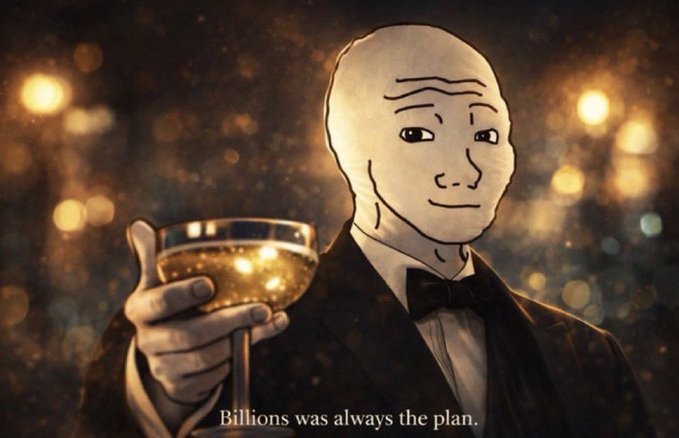 The image features an illustration of a man wearing a suit, holding a wine glass with champagne inside. The caption below the image reads "BILLIONAIRES WAS ALWAYS THE PLAN", which seems to be a reference to the character Wojak from the anime series "The Expanse".