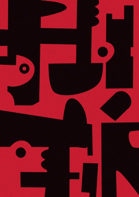 An abstract red and black graphic design with geometric shapes resembling stylized bird heads.