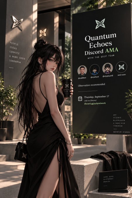 An illustrated poster featuring a woman in a black dress holding a coffee cup, advertising a 'Quantum Echoes Discord AMA' event with a date of Thursday, September 17.