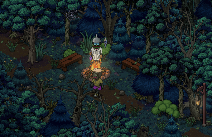 Isometric pixel art video game screenshot showing two characters in a dark forest clearing, one wearing a lab coat and the other with a backpack, gathered around a lit campfire with stone seats and a lamppost nearby.