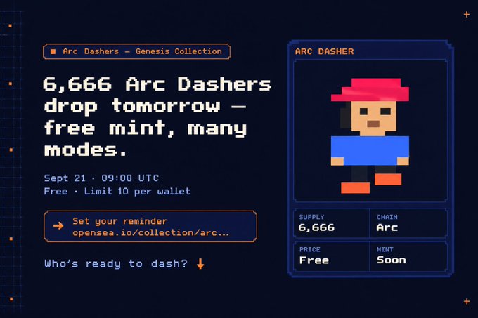 A promotional announcement for the 'Arc Dashers – Genesis Collection' NFT drop, featuring 6,666 supply, free mint on Sept 21 at 09:00 UTC, with a pixelated character illustration.