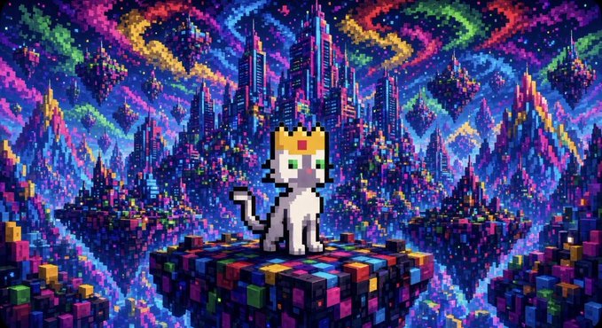 A pixel art cat wearing a crown sits on a colorful floating cube in a vibrant, neon-colored fantasy cityscape.