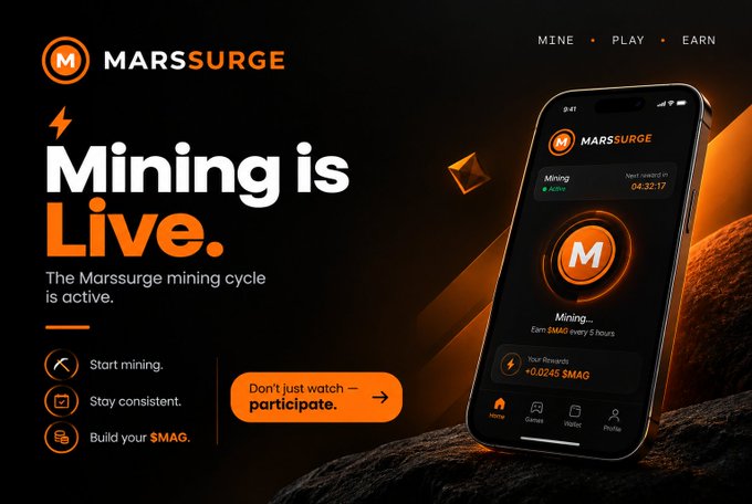 A digital marketing banner for 'MARSSURGE' promoting an active cryptocurrency mining cycle, encouraging users to start mining, stay consistent, and build their $MAG token balance.