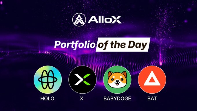 An 'AlloX' promotional graphic titled 'Portfolio of the Day' with a purple cosmic background, showcasing four cryptocurrency or token logos: HOLO, X, BABYDOGE, and BAT.