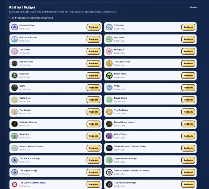 A screenshot of a digital interface titled 'Abstract Badges' displays a list of 44 badges ready to be redeemed for Rugweed, each with a yellow 'Redeem' button.