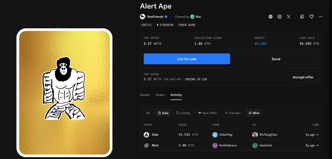 The image features an animated graphic of a gorilla holding two hands up in the air, signifying strength or victory. This gorilla has a yellow background with black accents. The backdrop includes text that reads "Alert Ape for $90,585 USD today or 55 eth", indicating that an auction is taking place to sell this particular gorilla. 

In the image, there are also small images of people and logos related to the "Alert Ape" project website, including a person holding two hands up in the air, a thumbs up signifying approval, and other signs representing the auction process or social interactions within the community. The overall atmosphere of the image is energetic and positive, highlighting the success and excitement surrounding this auction event.