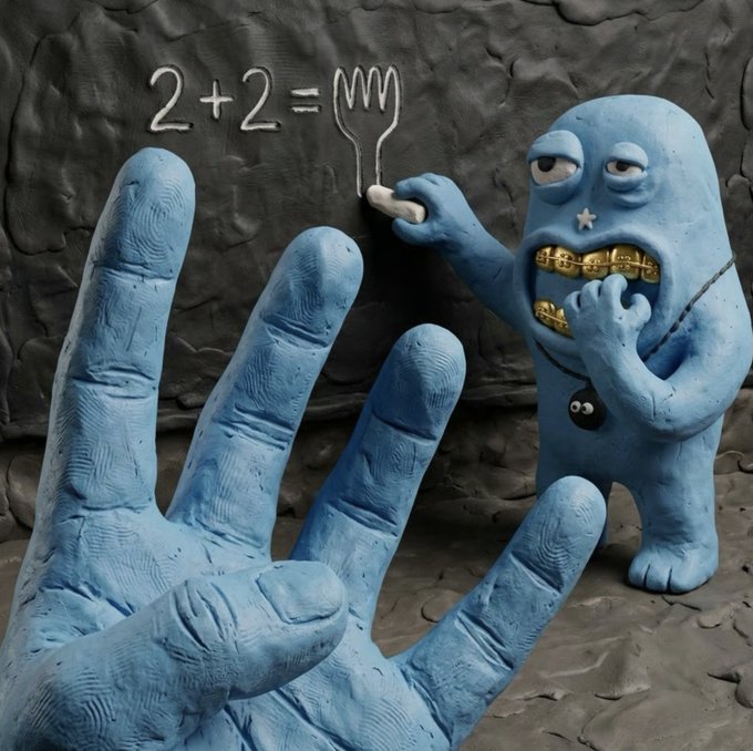 A blue claymation character stands at a chalkboard writing "2+2=" with a four-fingered hand, while a giant blue hand displays four fingers in the foreground, matching the answer to the equation—a creative visual pun for the T00ns art contest.