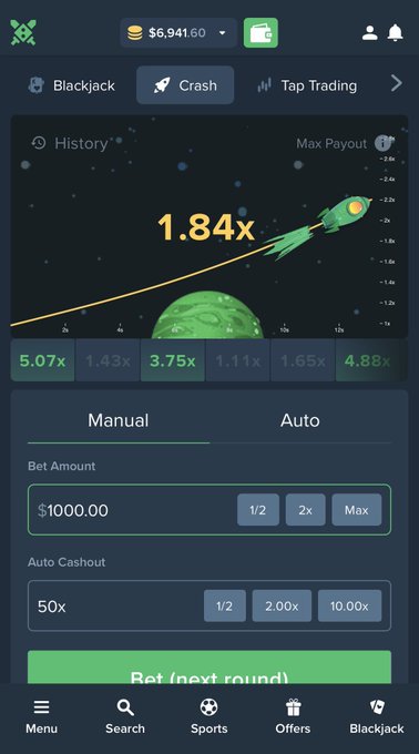 A screenshot of a 'Crash' gambling game shows a rocket trajectory at 1.84x with a $6,941.60 balance, a $1000.00 bet amount, and a 50x auto cashout setting.
