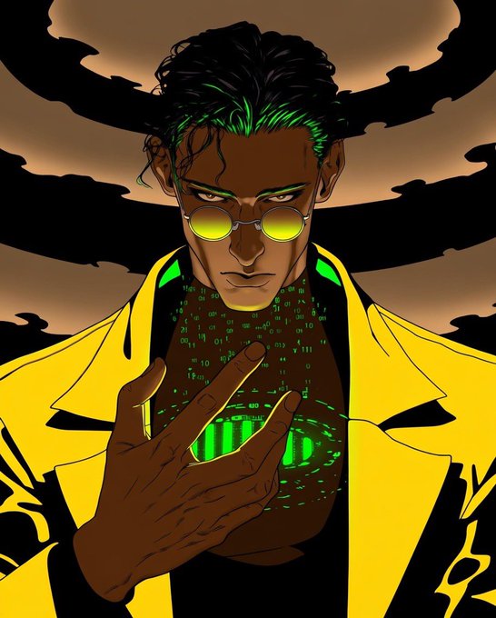A digital illustration of a dark-skinned man with green highlights in his hair, wearing yellow-tinted round glasses and a bright yellow jacket, with digital code visible on his chest.
