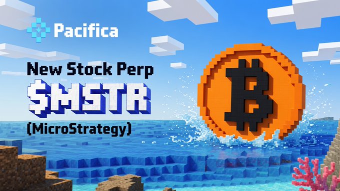 A promotional graphic for Pacifica featuring Minecraft-style pixel art with the text "New Stock Perp $MSTR (MicroStrategy)" alongside a large orange Bitcoin coin splashing into a blocky ocean scene, announcing the listing of MicroStrategy stock perpetual futures with leverage on the platform.
