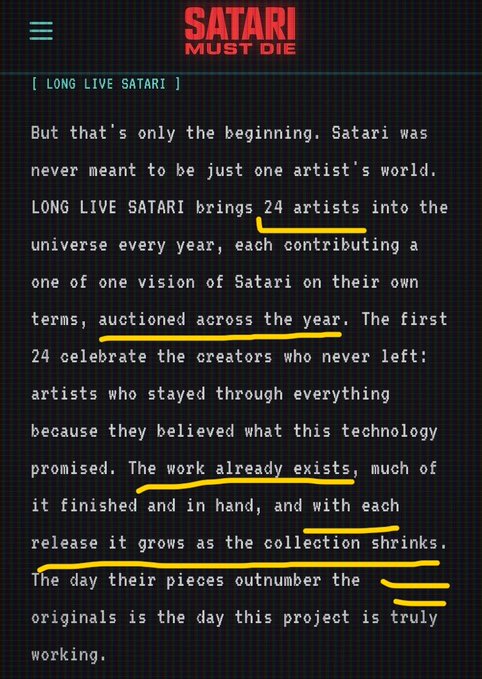 A dark webpage from 'SATARI MUST DIE' featuring a header '[ LONG LIVE SATARI ]' and text explaining that LONG LIVE SATARI brings 24 artists into the universe each year, with various lines highlighted in yellow.