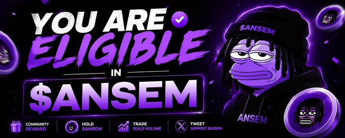 A promotional graphic featuring a purple-tinted illustration of a meme character wearing a beanie labeled "ANSEM," alongside bold text reading "YOU ARE ELIGIBLE IN $ANSEM." The image highlights eligibility criteria—community reward, hold $ANSEM, trade/build volume, and tweet/support $ANSEM—aligning with the post's instructions to sign up on BullpenFi, link an X account, and engage with the $ANSEM token to qualify for future rewards.