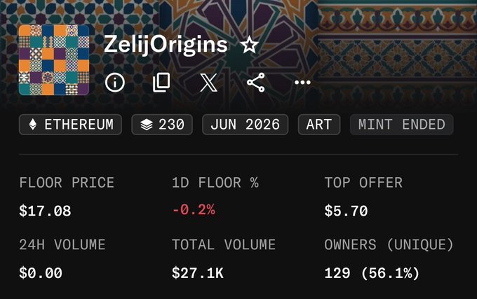 The image shows a NFT collection statistics page for "ZelijOrigins" on Ethereum, with 230 items minted in June 2026, showing a floor price of $17.08, zero 24-hour volume, and "MINT ENDED" status—reflecting the poster's disappointment about the project's stalled activity and abandoned community.