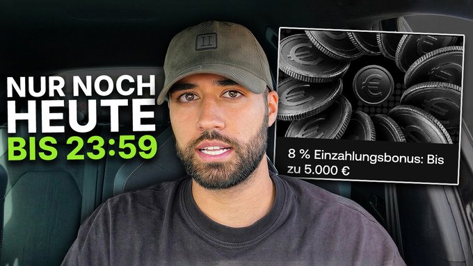 A bearded man wearing a gray cap sits inside a car, promoting a limited-time OKX campaign with text reading "NUR NOCH HEUTE BIS 23:59" (Only today until 23:59) and "8% Einzahlungsbonus: Bis zu 5.000 €" (8% deposit bonus: Up to €5,000), alongside an image of stacked coins. The visual reinforces the post's message about the urgency of the OKX 8% deposit bonus campaign ending tonight at 23:59.