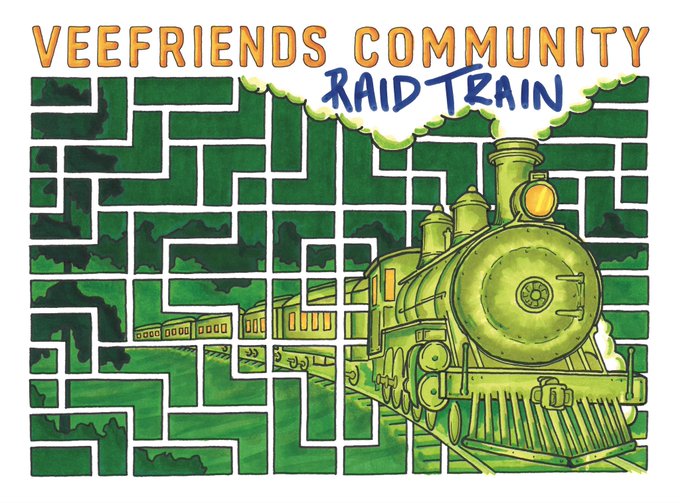 A promotional graphic titled 'VEEFRIENDS COMMUNITY RAID TRAIN' features a green steam locomotive emerging from a hedge maze against a green background.