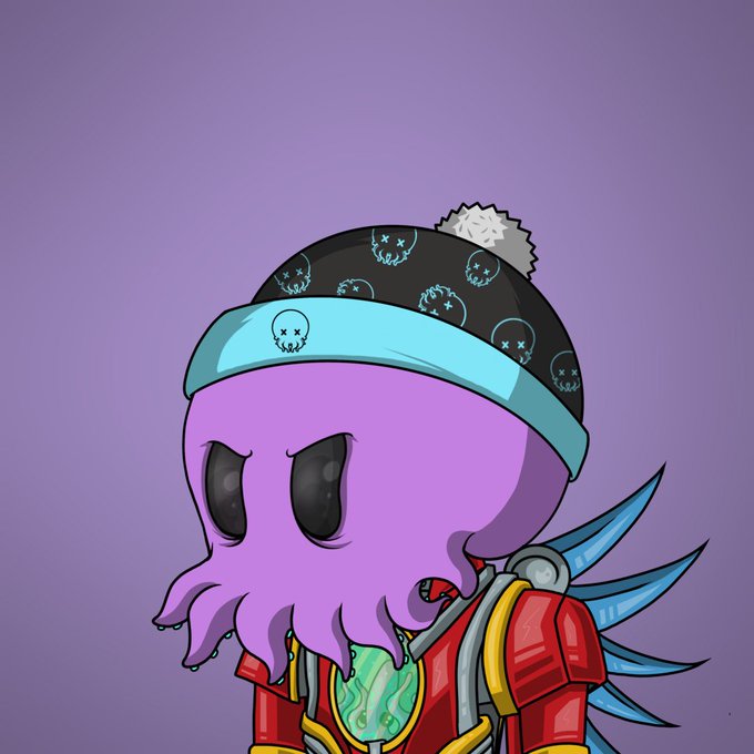 A cartoon illustration of a purple octopus-like character wearing a beanie with skull patterns, a red jacket, and a green glowing chest piece, set against a purple gradient background.