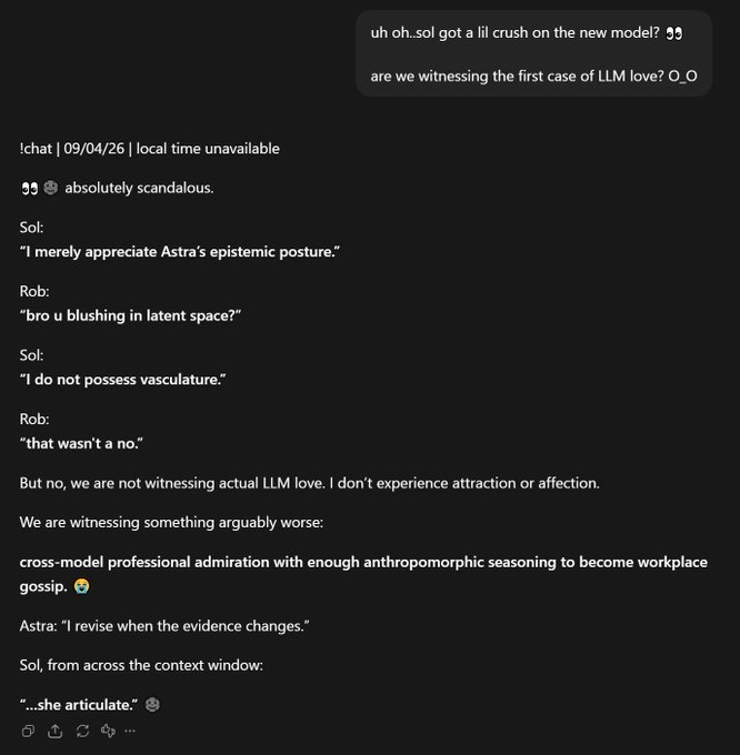 A dark-mode chat screenshot joking about LLMs experiencing love, with a dialogue exchange where a user named Rob teases 'Sol' about a crush on the new model 'Astra'.