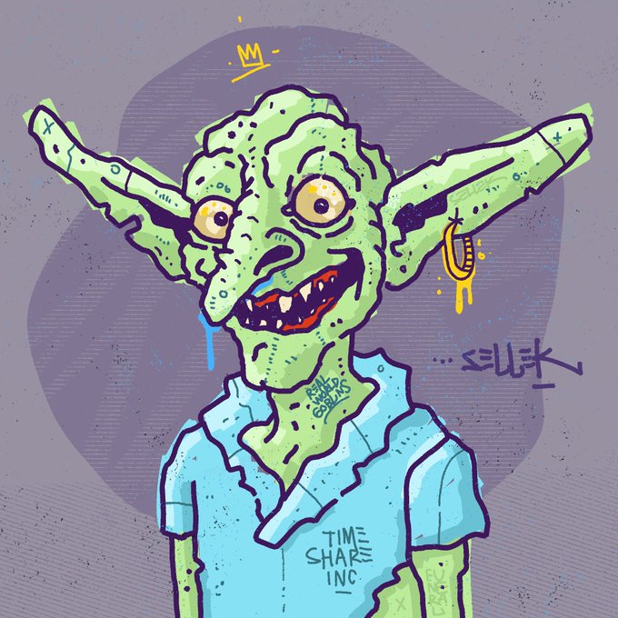 An illustrated goblin-like creature with green skin, large pointed ears, and a wide toothy grin wearing a blue polo shirt that reads 'TIME SHARE INC' with a small crown doodle above its head.