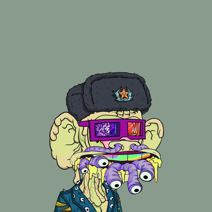 A cartoon illustration of a grotesque burger-headed character wearing a fur ushanka hat with a star, purple sunglasses, and a denim jacket, with purple worms emerging from the burger.