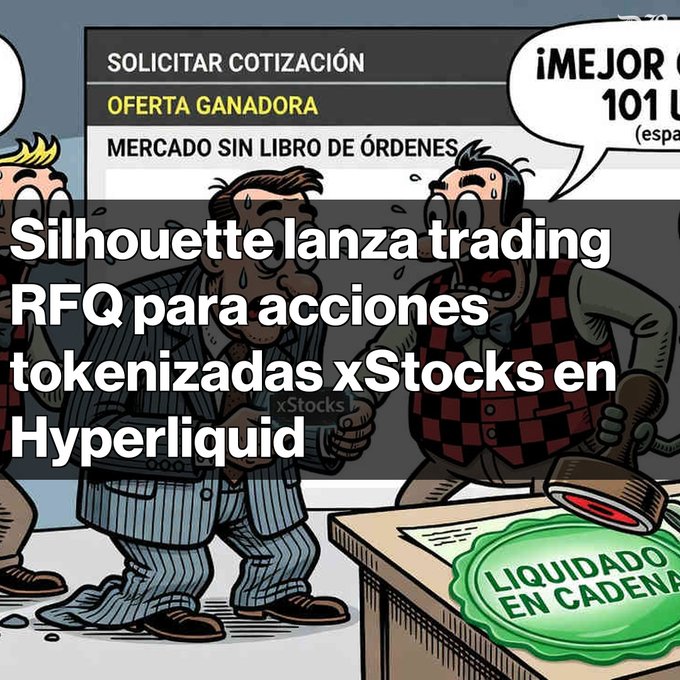 A cartoon image featuring two nervous-looking men and text in Spanish overlaid with 'Silhouette lanza trading RFQ para acciones tokenizadas xStocks en Hyperliquid', with a green badge reading 'LIQUIDADO EN CADENA'.