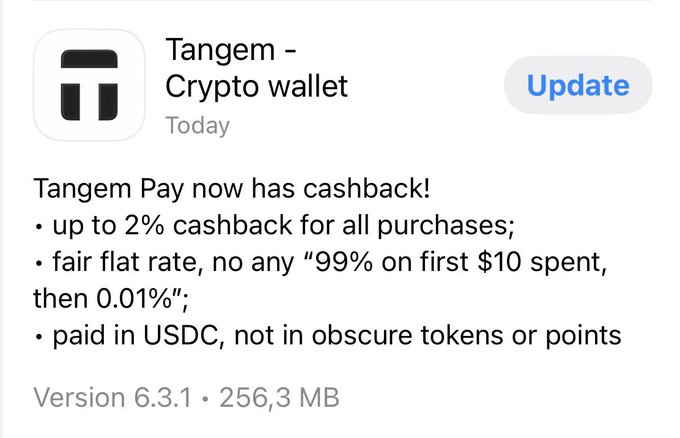 An App Store update notification for the Tangem - Crypto wallet app announcing that Tangem Pay now offers up to 2% cashback for all purchases, paid in USDC with no hidden rate changes.