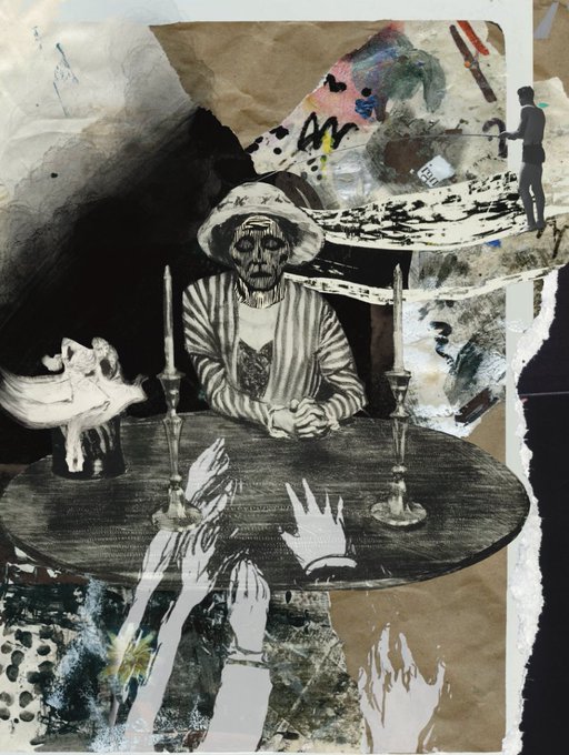 A mixed-media artwork featuring a skeletal figure in a hat seated at a table with candles, surrounded by reaching hands and abstract painted elements.