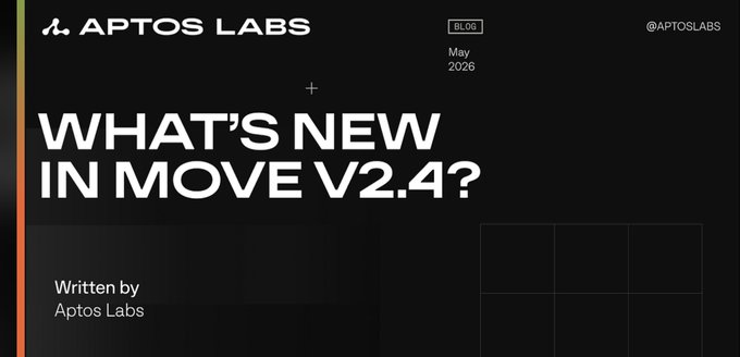 The image features a poster for an upcoming release of Move v2.4, which has been updated with new features such as public structures and enums. The poster includes text that reads "What's New in Move v2.4?" and " Written by aptoslabs".