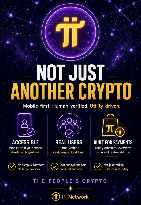 A promotional graphic for Pi Network with the text 'NOT JUST ANOTHER CRYPTO' and 'THE PEOPLE'S CRYPTO,' highlighting features like 'ACCESSIBLE,' 'REAL USERS,' and 'BUILT FOR PAYMENTS.'