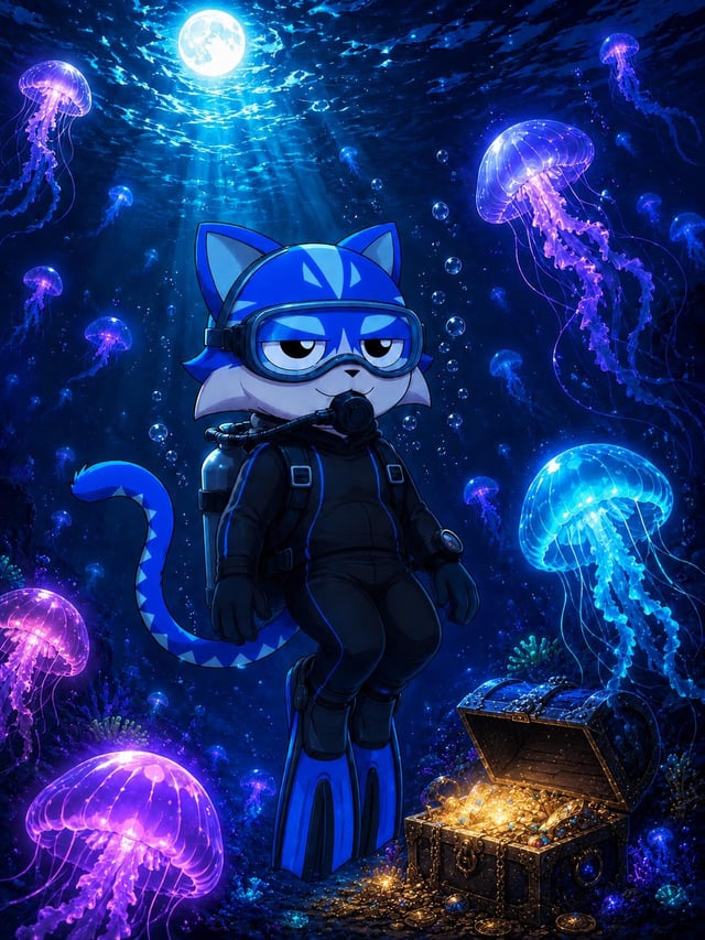 The image features a cartoon cat wearing scuba gear, standing next to a chest filled with gold coins. The cat appears to be exploring an underwater cave or ocean setting, surrounded by blue jellyfish. The caption suggests that there might be a connection between the cat and the TOSHI COIN, possibly indicating that the cat is involved in some sort of treasure-related activity.

The image also includes several other jellyfish scattered throughout the scene, adding to the underwater atmosphere.