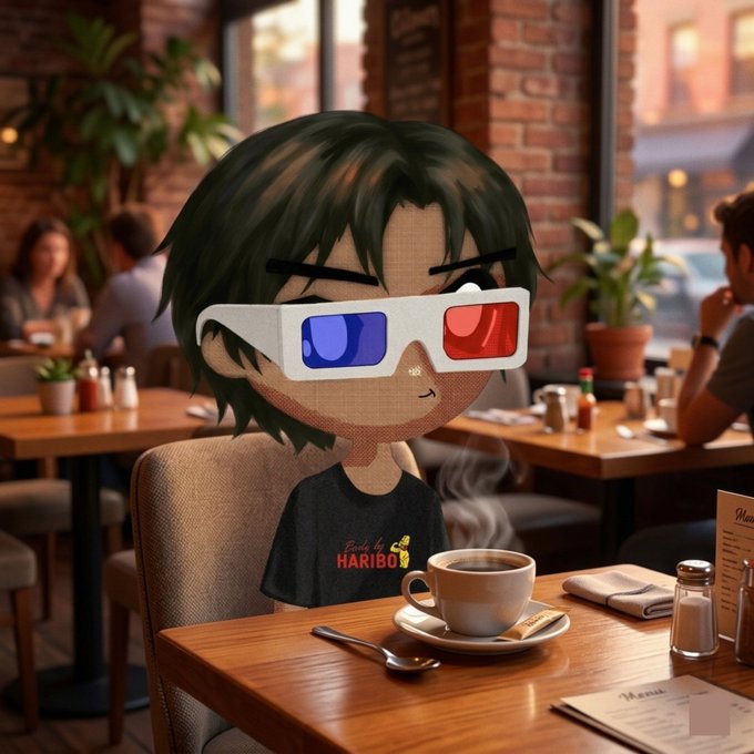 The image features a cartoon character wearing glasses, sitting at a table with a cup of coffee and a menu. The character appears to be enjoying their time at a restaurant or cafe setting. There are other people present in the scene as well, suggesting that this is a public place where customers can dine.