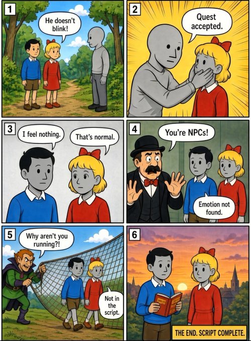 A six-panel comic strip featuring characters resembling Tintin and Snowy as NPCs in a video game world, where a grey character says "He doesn't blink!" and "Quest accepted.", leading to dialogue like "I feel nothing," "You're NPCs! Emotion not found," and ending with "THE END. SCRIPT COMPLETE."