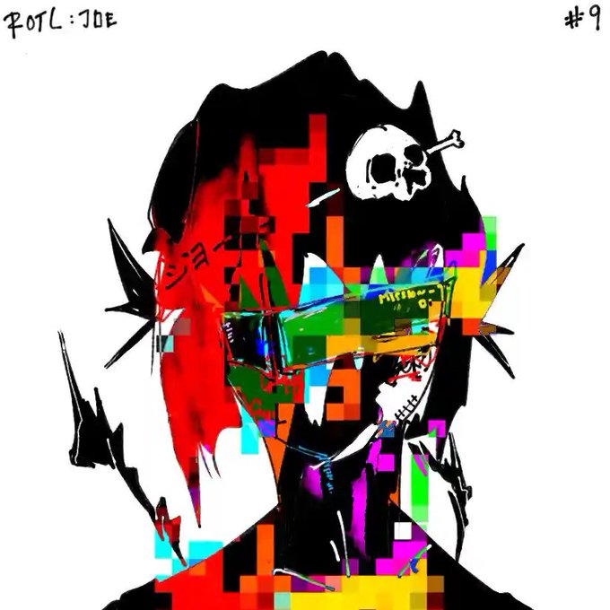Glitchy, colorful digital art portrait with Japanese text 'ジョー', a skull-and-crossbones icon, and 'POTL:JOE' and '#9' labeled in the corners.