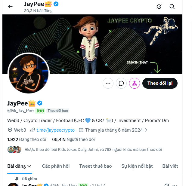 A Twitter/X profile for 'JayPee👑' (@Mr_Jay_Pee) shows a Web3/Crypto Trader banner with 'JAYPEE CRYPTO' and 'SMASH THAT' text, and a bio in Vietnamese.