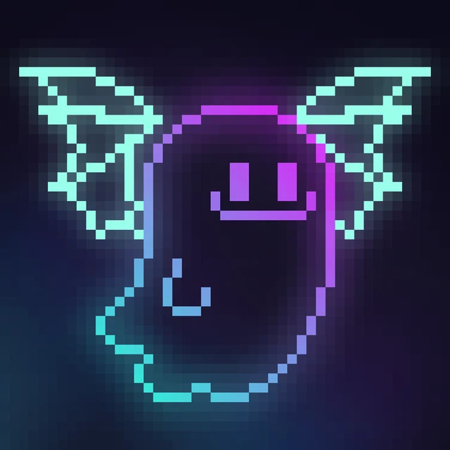 A pixel art illustration of a smiling face with wings and a halo, rendered in cyan, blue, and purple neon colors against a dark background.