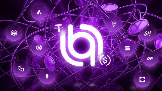 A purple-themed digital illustration featuring a central 'h' logo surrounded by various cryptocurrency icons including T, OP, $, and other blockchain symbols connected by flowing lines.