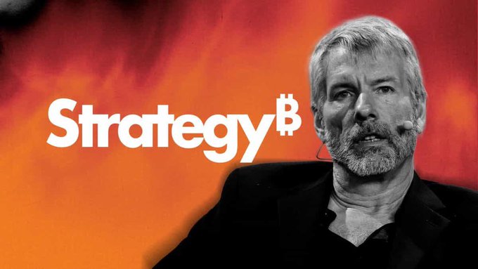 A black and white portrait of a bearded man (Michael Saylor) against an orange background, with the word 'Strategy' in white text next to a Bitcoin logo featuring the letter 'B'.