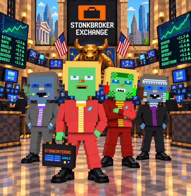 Pixel art illustration of zombie characters at the 'Stonkbroker Exchange,' with stock tickers like $STNK, $APE, $RUL, $HOOD, and $SHO displaying gains, and one holding a 'StonkInterns' briefcase.